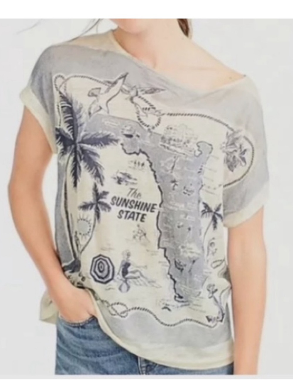 J. Crew 100% Linen Cream & Blue Graphic Tee - The Sunshine State